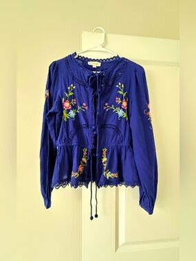 Embroidered Tie-Front Blouse - Royal Blue